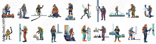 Collection of commercial diver illustrations performing various underwater maintenance, inspection, and repair tasks on subsea pipelines and industrial equipment.