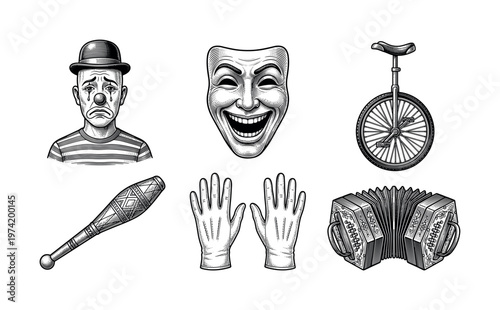 A set of vintage circus and theatre icons in a retro engraving style. Features a sad clown, happy mask, and performance props. Ideal for posters, events, and classic design.
