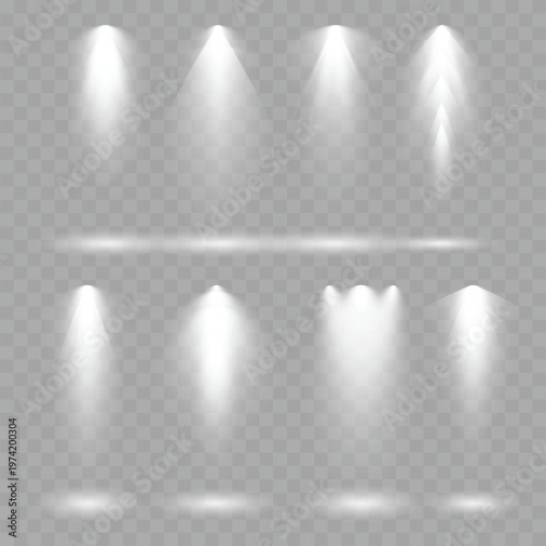 Realistic White Spotlight Beams Set. Vector Stage Illumination and Glowing Light Rays on Transparent Background.