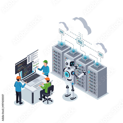 Wallpaper Mural Isometric illustration of a robot and engineers working on server racks and cloud computing infrastructure. Torontodigital.ca