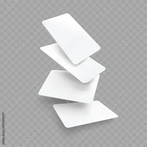Realistic Blank Card Mockup Set. Vector Floating and Fanned White Playing Card or Flashcard Templates.