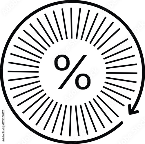 Minimalist black and white vector illustration of a percentage symbol inside a sunburst circle with a rotating arrow representing interest rates and cashback.