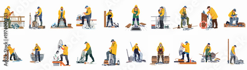 Large collection of flat vector illustrations depicting professional fishermen in yellow gear working with nets and fish on various maritime settings.