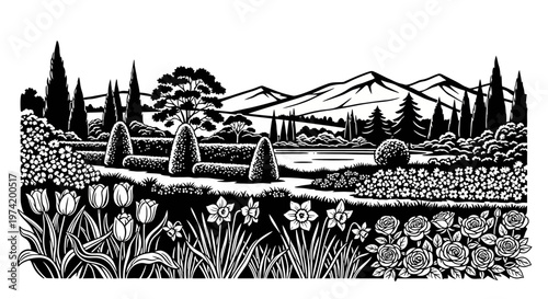 Detailed landscape with trees flowers and mountains on transparent background silhouette