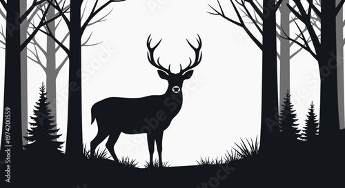 Deer with large antlers standing still.