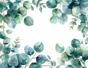 Watercolor depiction of eucalyptus leaves forming a decorative border