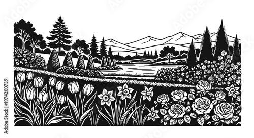 Detailed landscape with trees flowers and mountains on transparent background silhouette