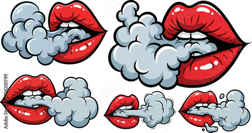 Pop art comic style red lips exhaling smoke clouds, set of 5 vector illustrations, sexy female mouth blowing vapor and steam for stickers