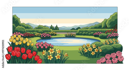 A colorful garden landscape with a circular pond on transparent background silhouette