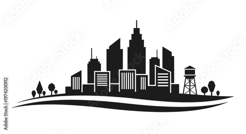 City skyline with tall buildings.