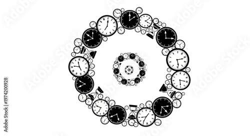 Clocks in a circular formation.