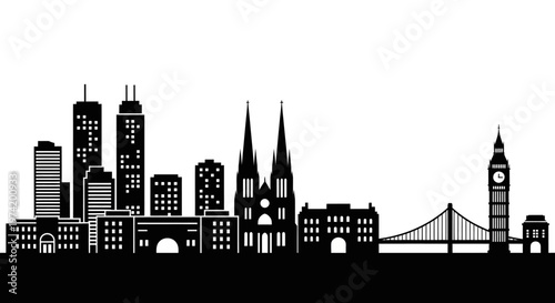 City skyline with famous buildings.