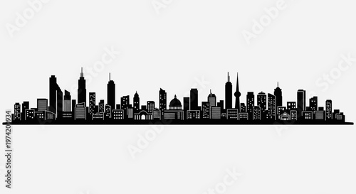 City skyline with tall buildings.