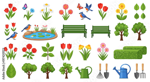 Colorful spring garden elements with birds and benches on transparent background silhouette