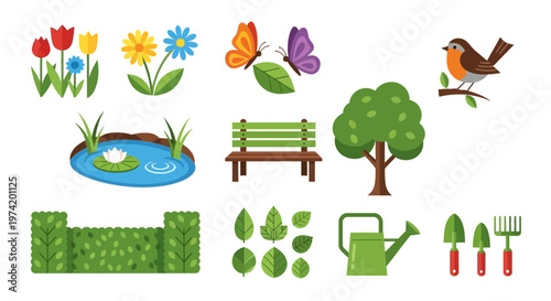 Colorful spring garden elements with a bird silhouette on transparent background