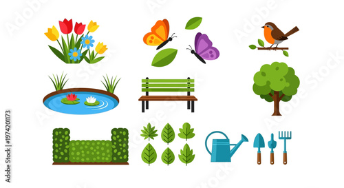 Colorful spring garden elements illustration on transparent background silhouette