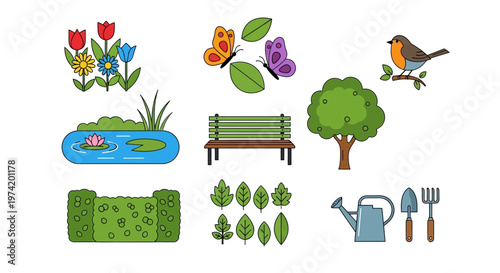 Colorful spring garden elements with butterfly and bird silhouette on transparent background