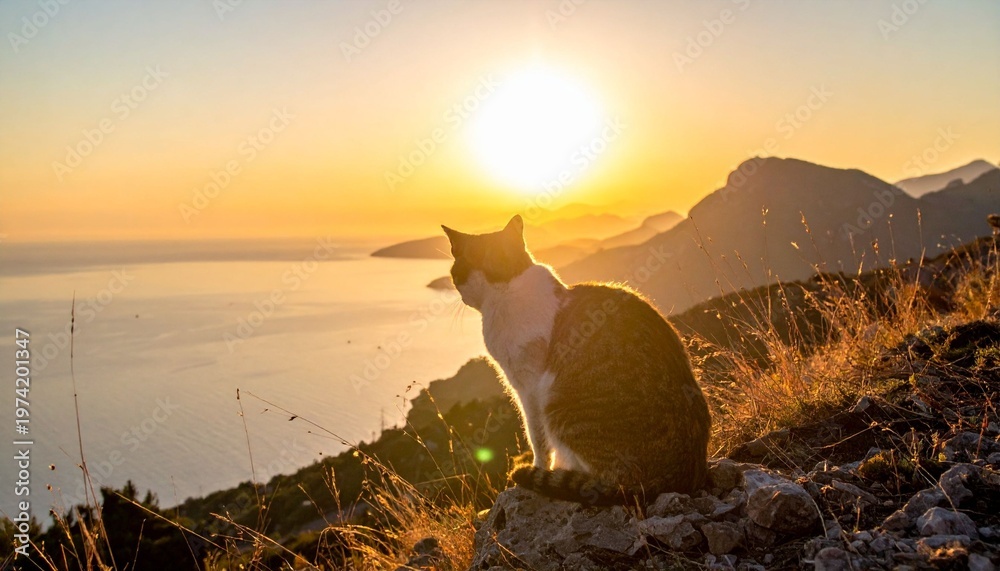 Obraz premium Cat watching sunset over mountain range