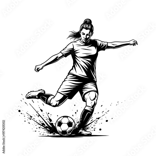 Dynamic Woman Soccer Player Kicking Ball in Action - Black and White