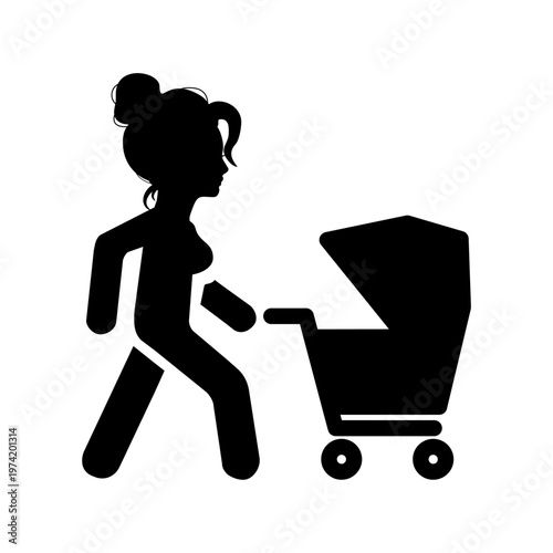 Young mother walking with her baby in stroller. Maternity and paternity concept. Young mom character walk with child in carriage. A minimalist black silhouette icon.