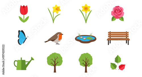 Springtime icons featuring flowers birds and park elements on transparent background