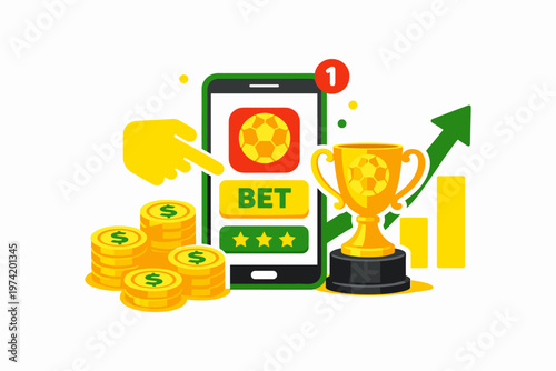 Mobile sports betting with smartphone and trophy. Online gambling concept illustration. Smartphone with betting interface and winning trophy. Represents mobile betting apps and online sports wagering.