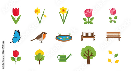 Colorful spring floral and garden elements with a silhouette on transparent background