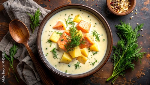 A warm bowl of creamy soup with vegetables on a rustic table