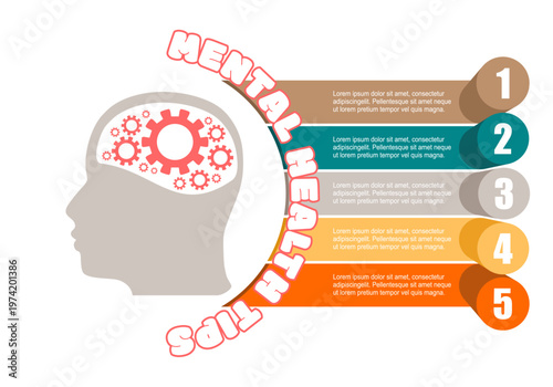 Human head silhouette with gear wheels inside. Concept of five features or option of project to select. Minimal infographic illustration for healthy lifestyle information visualization.