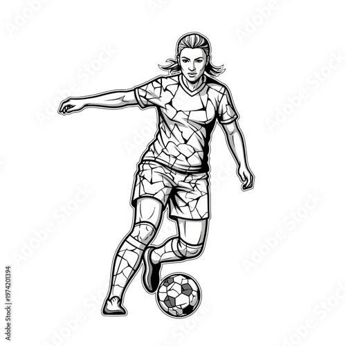 Female Soccer Player Dribbling Ball, Dynamic Action Shot, Black and White Illustration