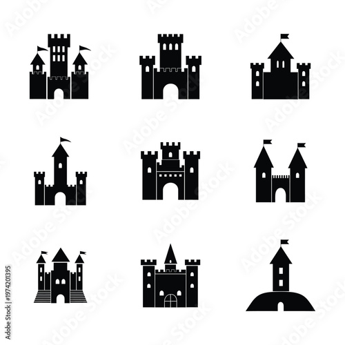 Black Silhouette Castle Icon Set - Medieval Fortress Vector Illustration Collection with 9 Fantasy Castle Designs