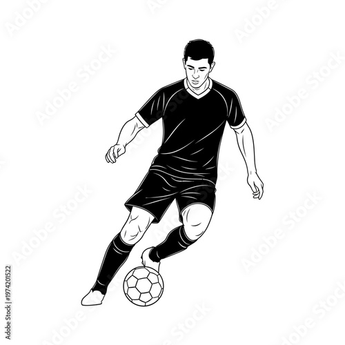 Soccer Player Dribbling Ball, Dynamic Action Shot, Black and White Illustration
