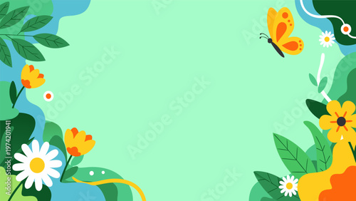 Vector illustration of vibrant floral border with butterfly on mint background