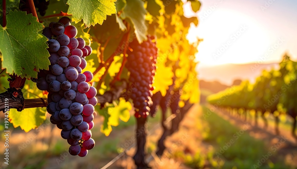 Naklejka premium Vineyard Grapes - A Vibrant Sunset Scene of Wine Country.