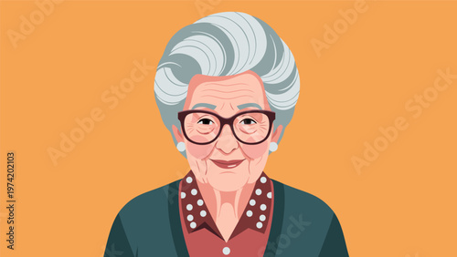 Cheerful senior lady vector illustration with glasses, curls, polka-dot collar, orange backdrop, flat cartoon avatar