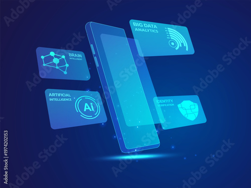 Artificial intelligence with Futuristic Holographic smartphone data Visualization Dashboard on screen ai tech, cyber security, data analytics, brain intelligence vector illustration design concept. 