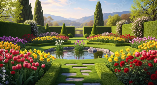 Beautiful garden landscape with vibrant flowers a fountain and a silhouette on transparent background