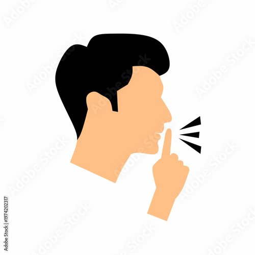 Vector illustration of a sign for silence and quiet. The "Shhh" gesture icon features a man's face and hand. Fingers covering the mouth on a white background.