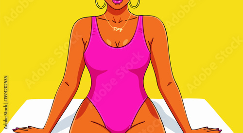 Retro pop art illustration of a woman in a pink swimsuit, vibrant summer beach aesthetic, flat vector character design with bold yellow background