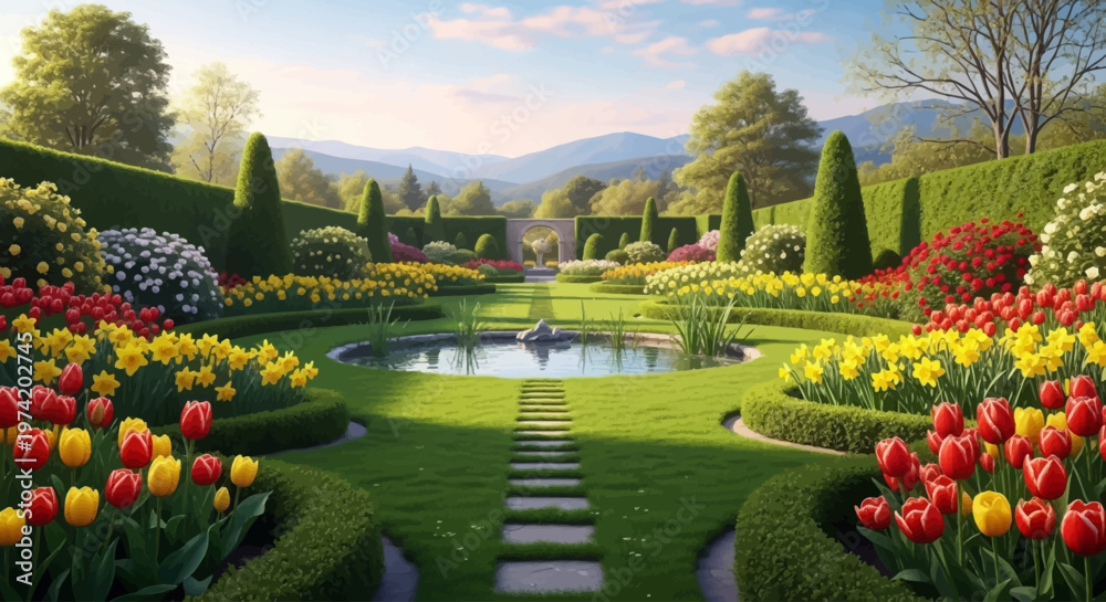 Obraz premium A vibrant garden landscape with a pathway and distant mountains on transparent background silhouette