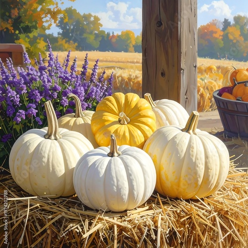 A serene autumn scene with a collection of white and yellow pumpkins