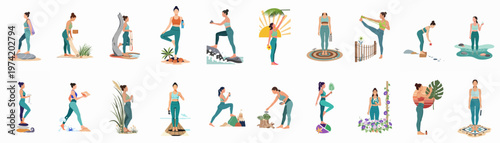 Collection of flat vector illustrations depicting women practicing yoga, meditation, and mindfulness in various serene nature-inspired beach and outdoor settings.