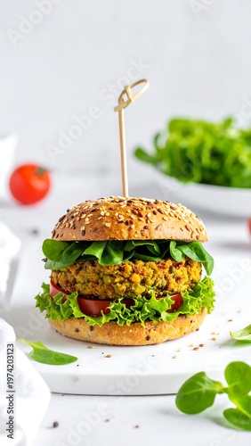 Close-up shot of a stacked plant-based burger on a white surface. Includes lettuce, tomato, and a wooden skewer
