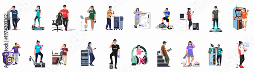 Comprehensive Flat Vector Illustration Set of Professional Esports Gamers and Industry Personnel in Various Characteristic Poses and Settings