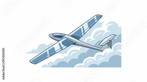 Blue glider sailplane soaring through stylized white clouds