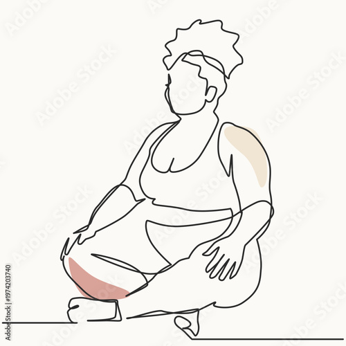 One continuous line art of Overweight woman with curly hair doing yoga meditation