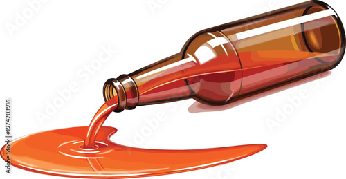 Glass bottle pouring orange liquid spill cartoon style beverage container vector illustration isolated