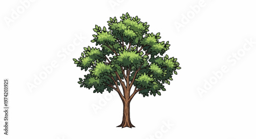 An illustration of a tree with green leaves stands alone in a white environment.