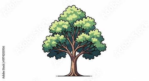 An illustration of a large tree with green leaves stands alone in a white background