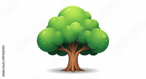 A vibrant green tree with a sturdy brown trunk stands alone in a clean environment.